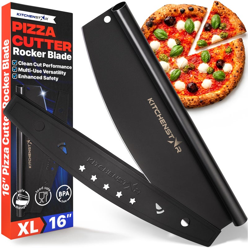 kitchen-star KitchenStar 16-Inch Pizza Cutter Rocker Blade - Sharp Stainless Steel Slicer Knife, Protective Cover, Black Nonstick, Large - Professional Pizza Oven Accessories - Image 1